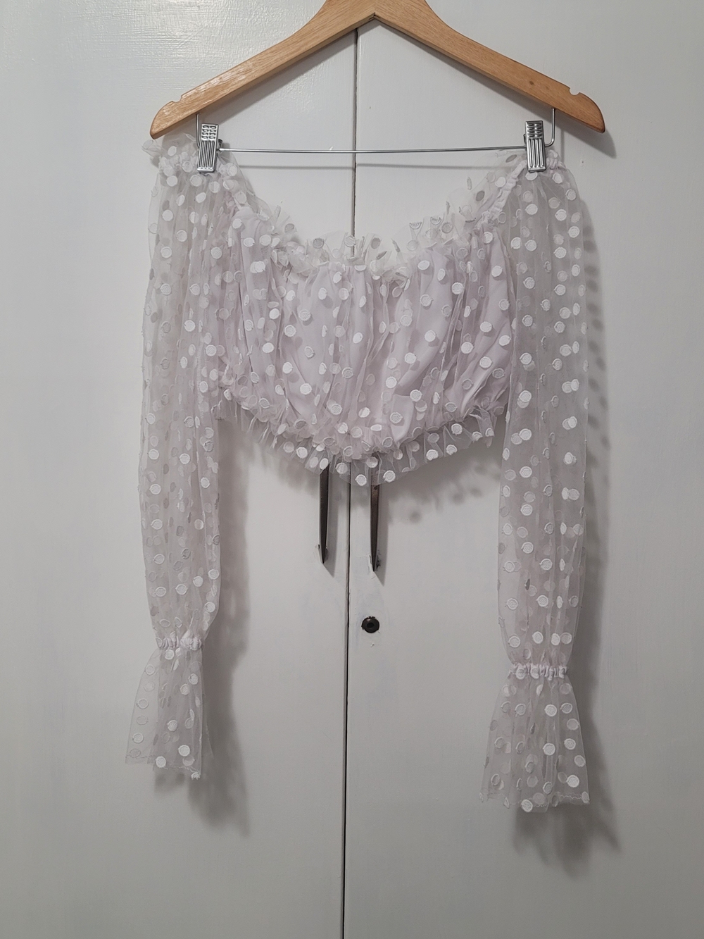 MAJORELLE White Polka Dot Sheer Off-Shoulder Crop Top